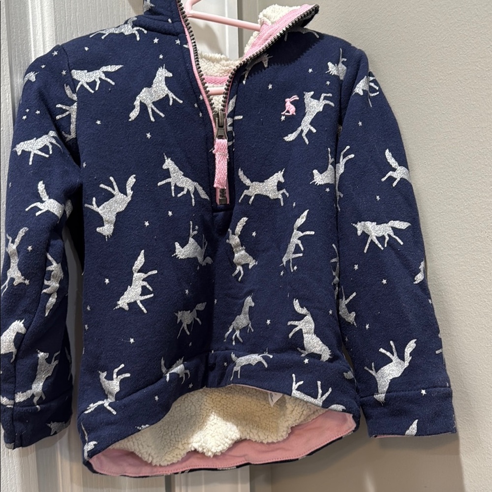 Joules Navy and Pink Kids Hoodie with Horse Print